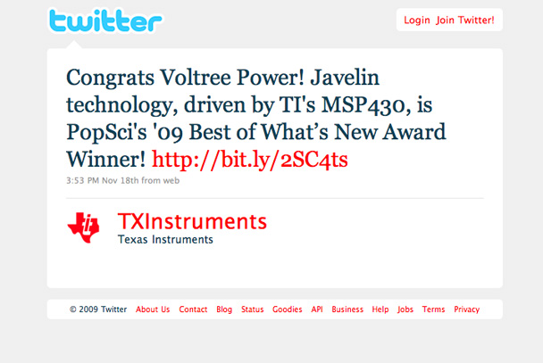 Twitter/Texas Instruments congratulates Voltree Power.